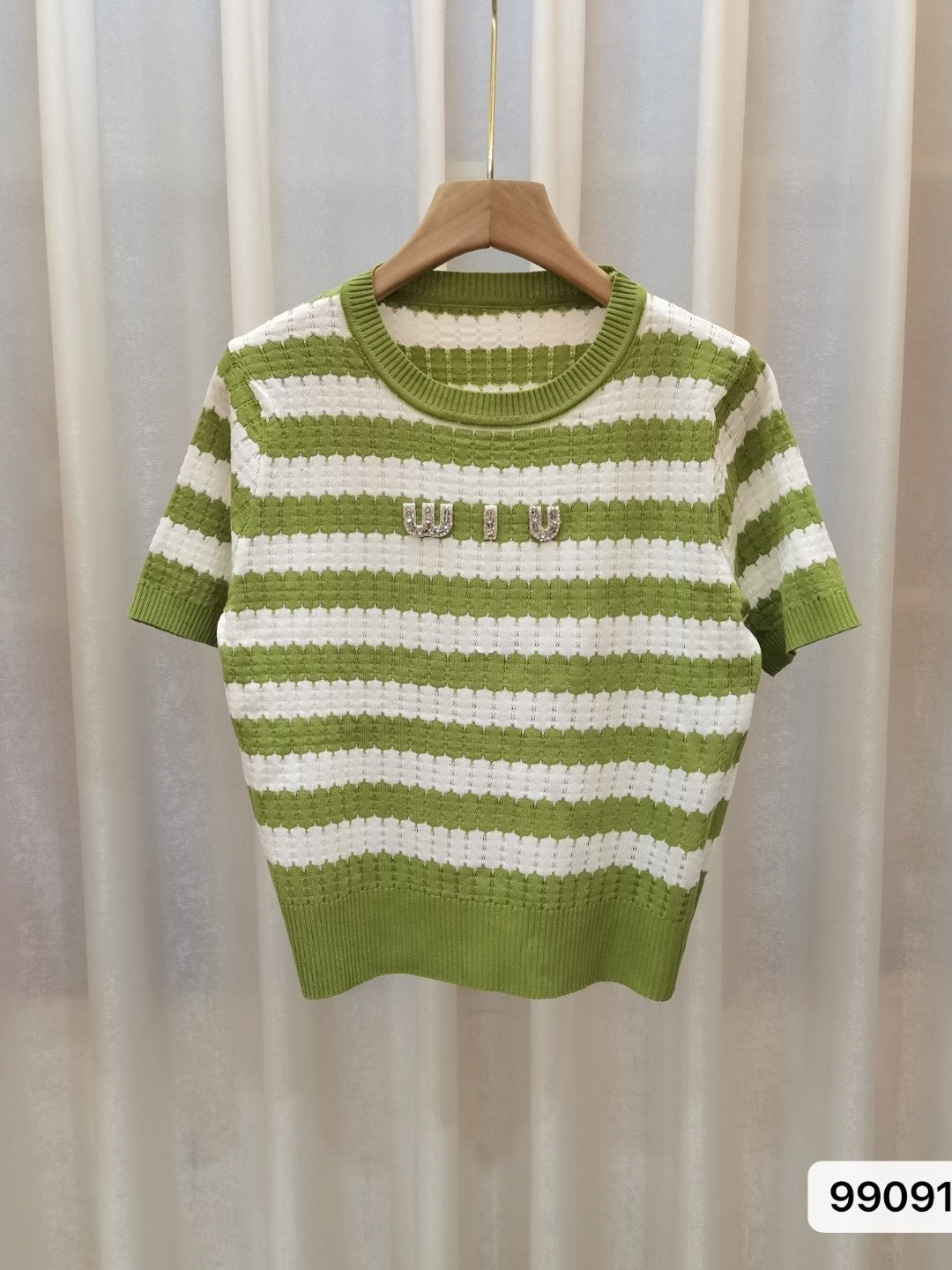 Green Round Neck Short Sleeves Horizontal Stripes Top