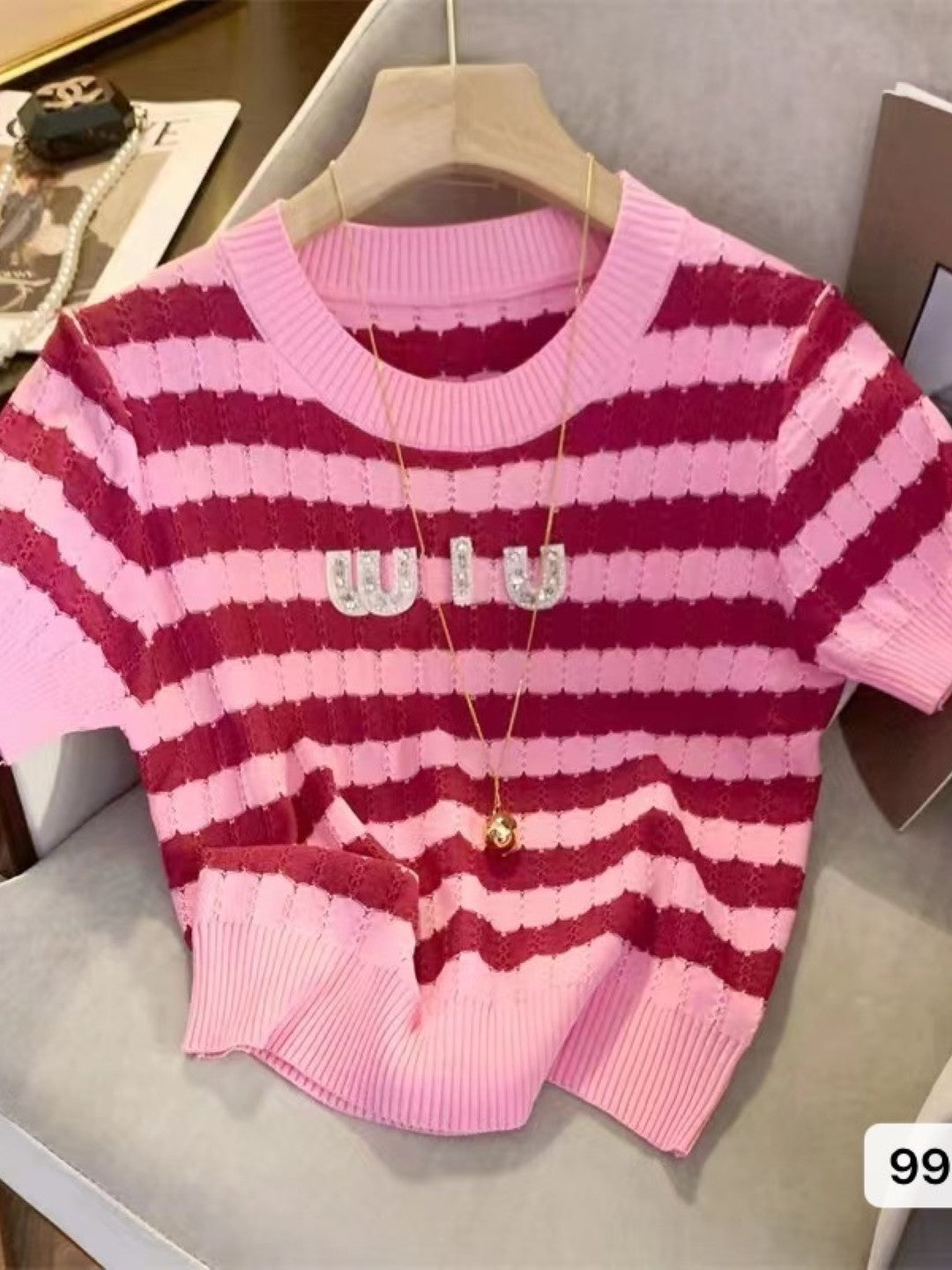 Red Round Neck Short Sleeves Horizontal Stripes Top