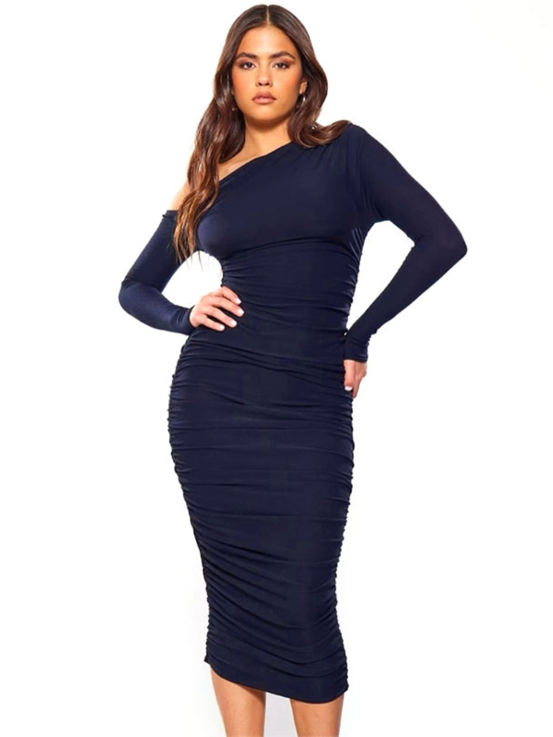 Navy Blue One Shoulder Solid Long Sleeves Midi Bodycon Polyester Dress