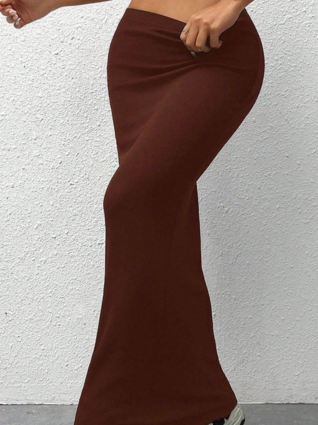 Brown Solid Maxi Polyester Skirt