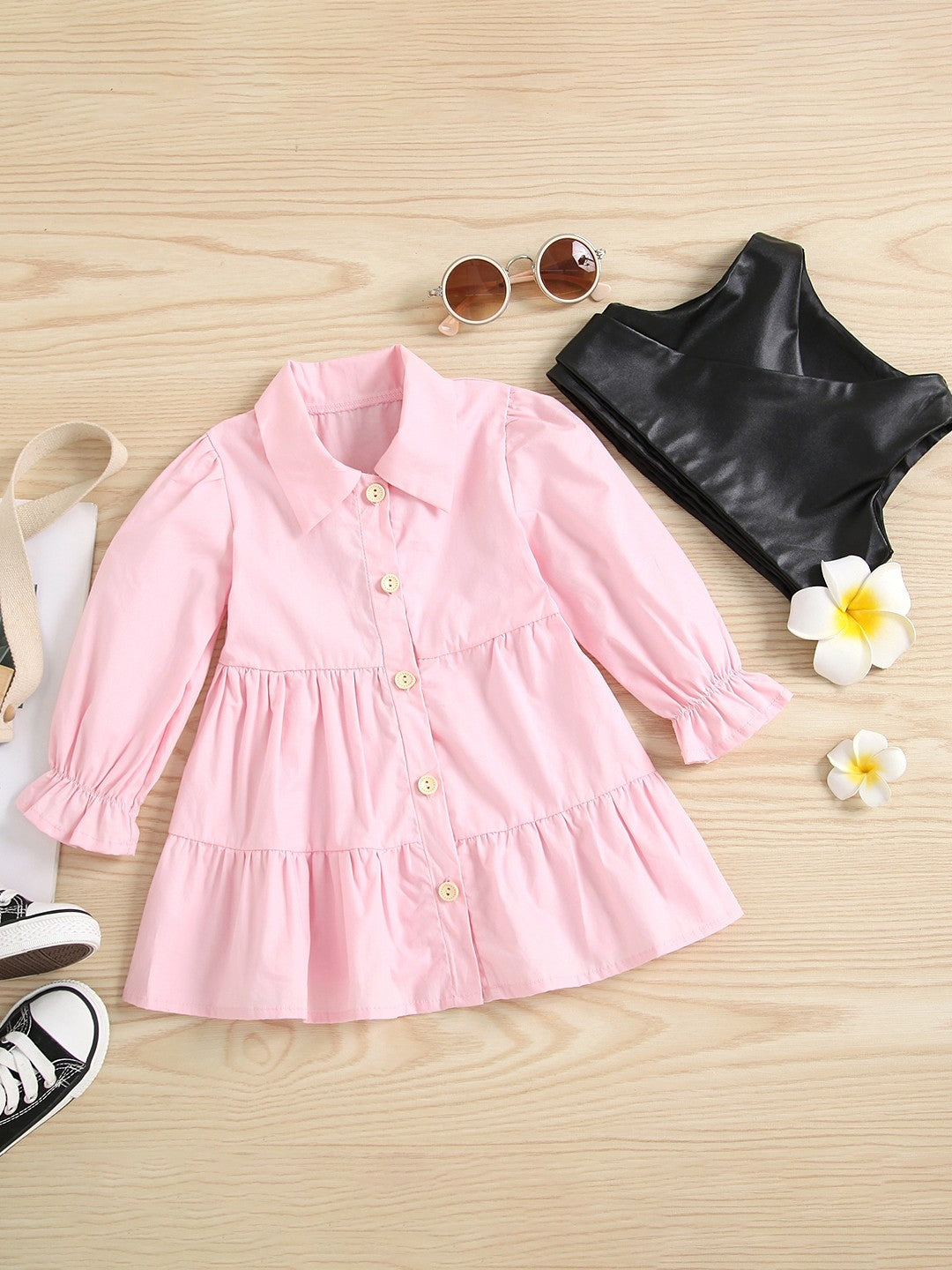 Pink Shirt Collar A-Line Casual Solid Long Sleeves Knee Length Cotton Dress