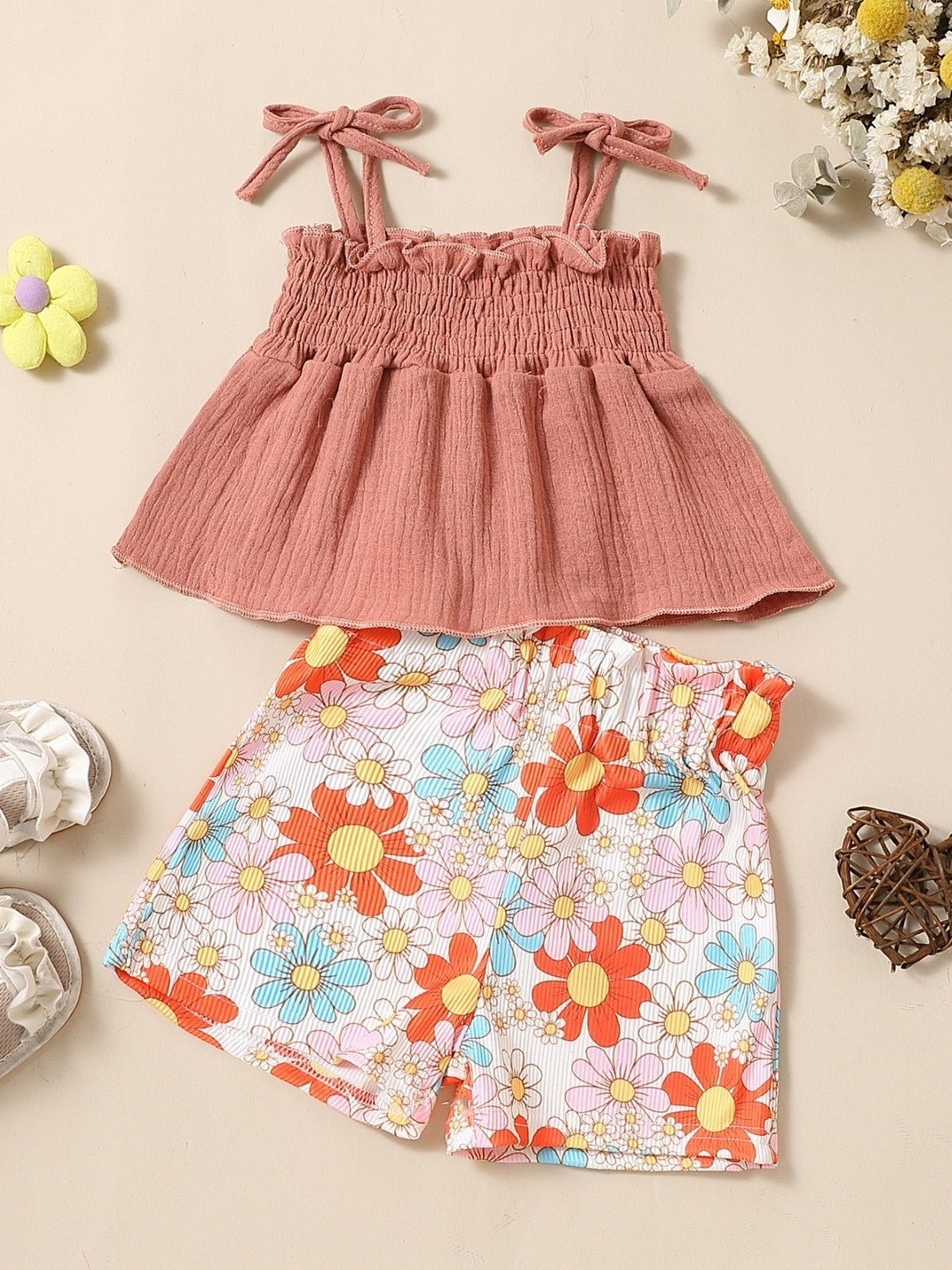 Pink Shoulder Straps Sleeveless Pure Cotton Top & Shorts Set