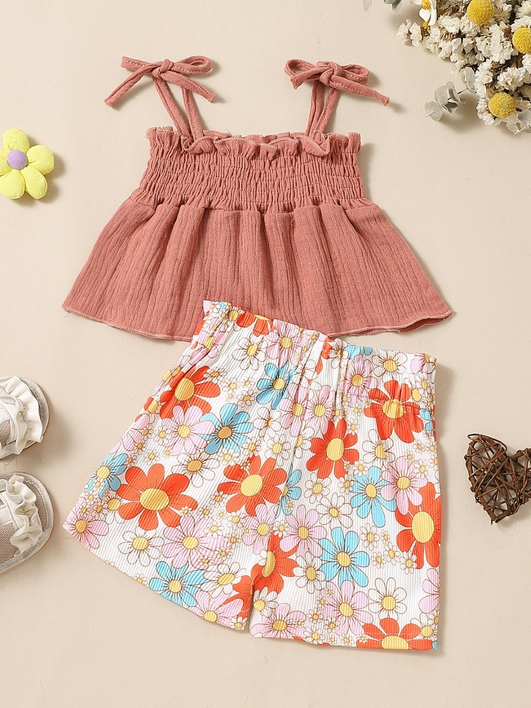 Pink Shoulder Straps Sleeveless Pure Cotton Top & Shorts Set