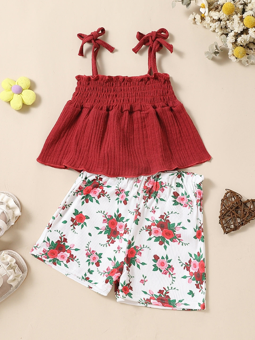 Red Shoulder Straps Sleeveless Pure Cotton Top & Shorts Set