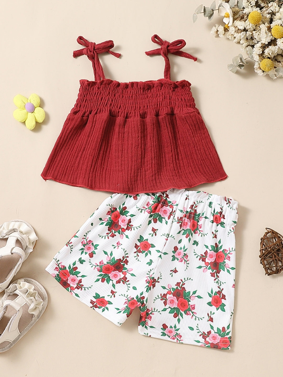 Red Shoulder Straps Sleeveless Pure Cotton Top & Shorts Set