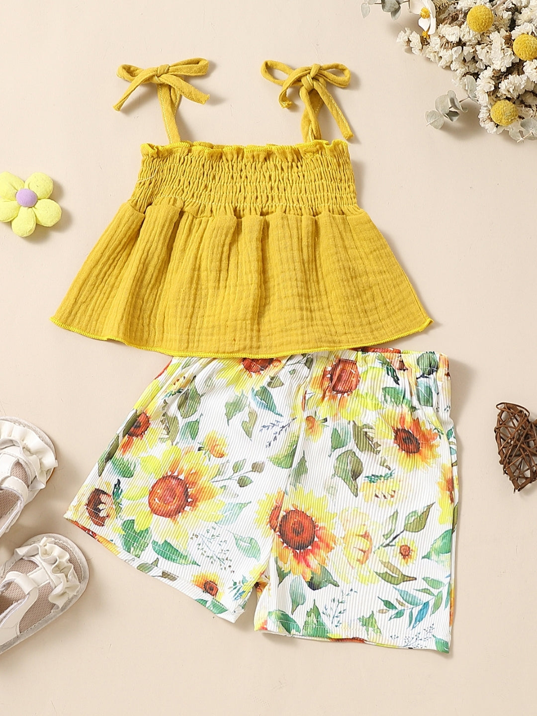 Yellow Shoulder Straps Sleeveless Pure Cotton Top & Shorts Set