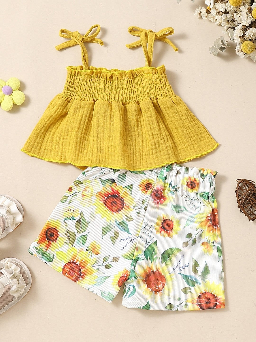 Yellow Shoulder Straps Sleeveless Pure Cotton Top & Shorts Set