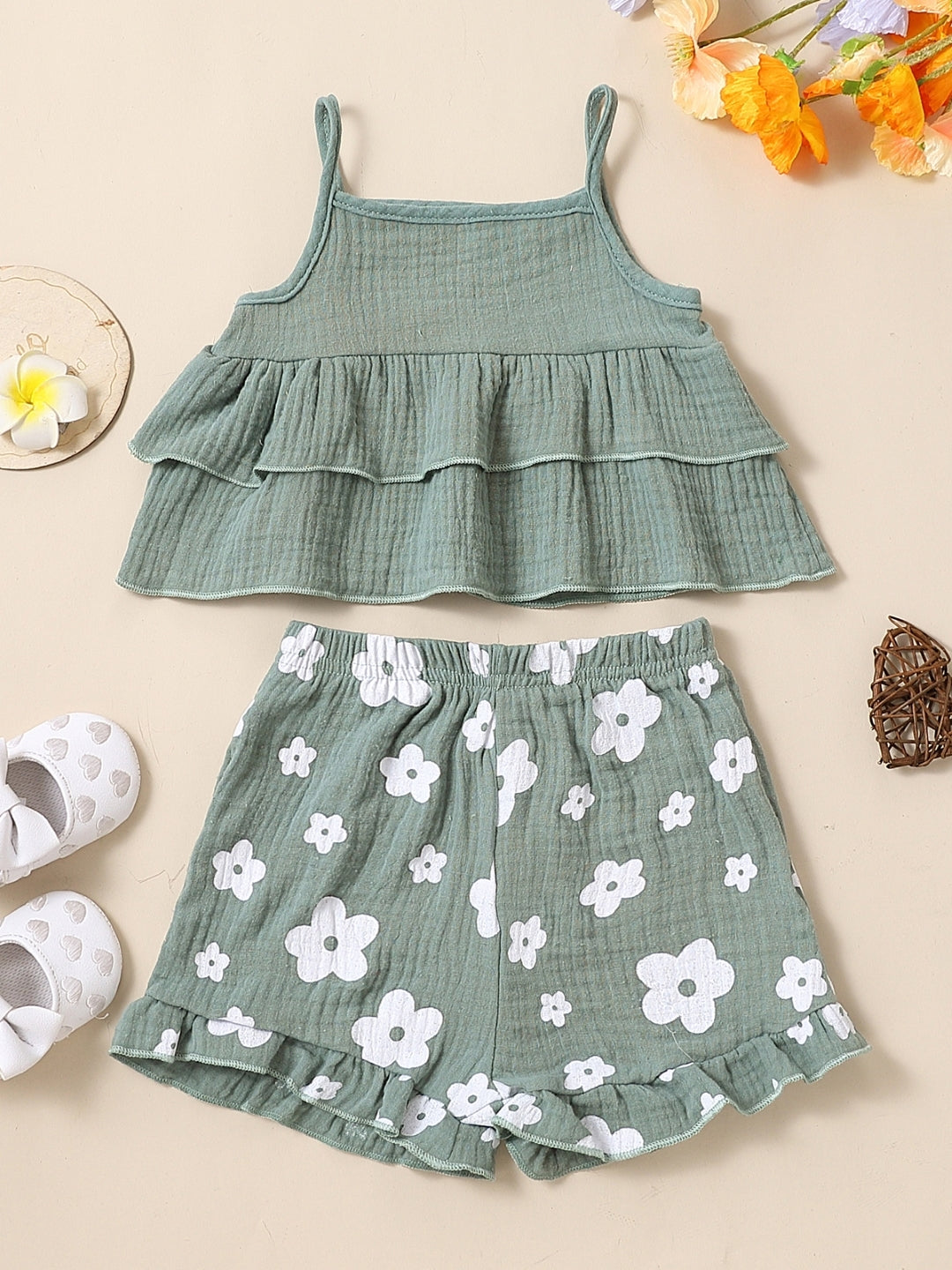 Green Shoulder Straps Sleeveless Pure Cotton Top & Shorts Set