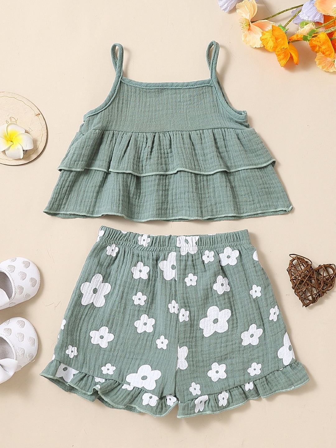 Green Shoulder Straps Sleeveless Pure Cotton Top & Shorts Set