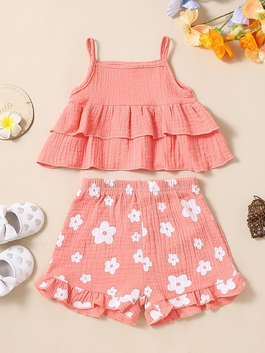 Pink Shoulder Straps Sleeveless Pure Cotton Top & Shorts Set