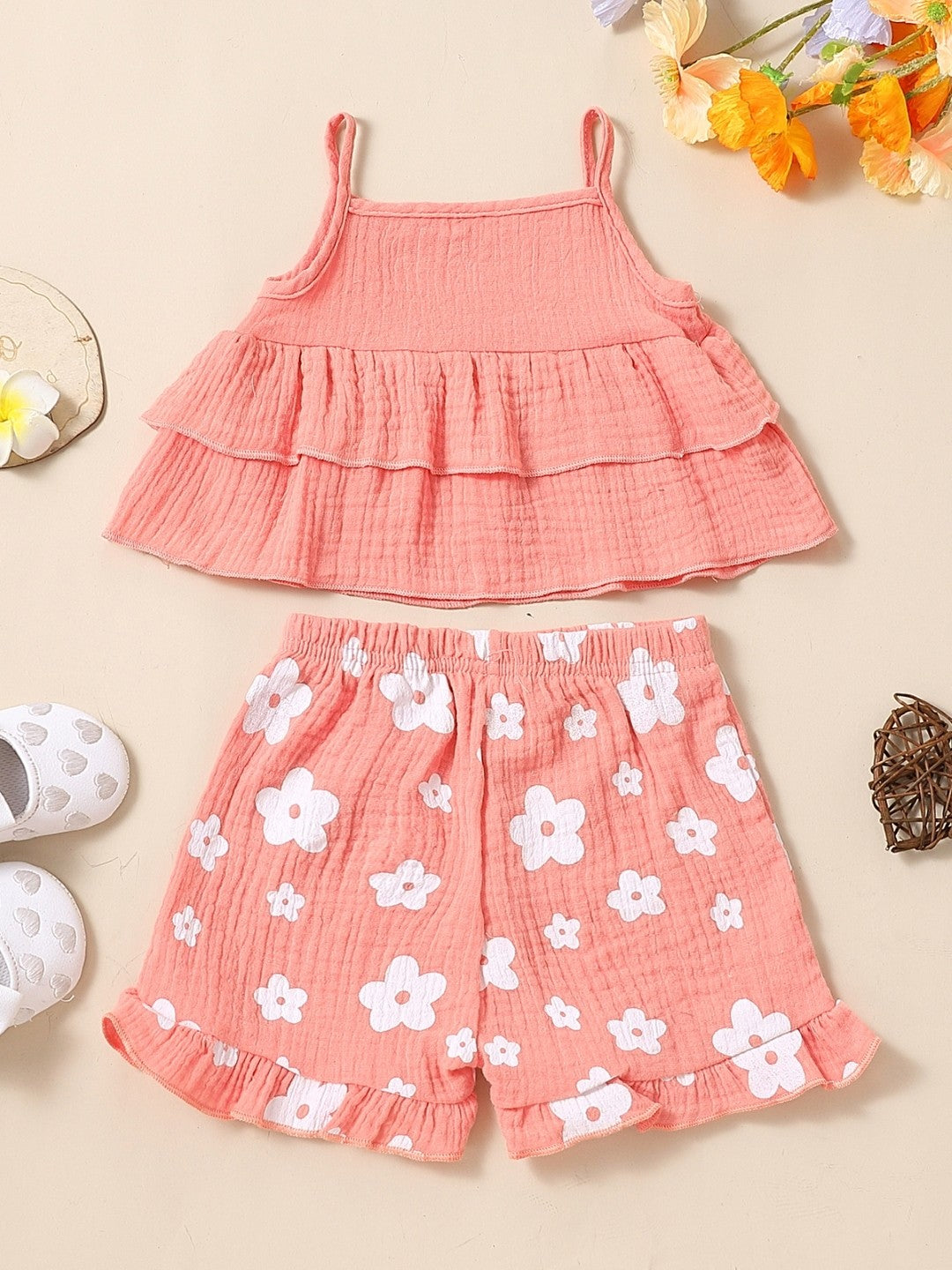 Pink Shoulder Straps Sleeveless Pure Cotton Top & Shorts Set