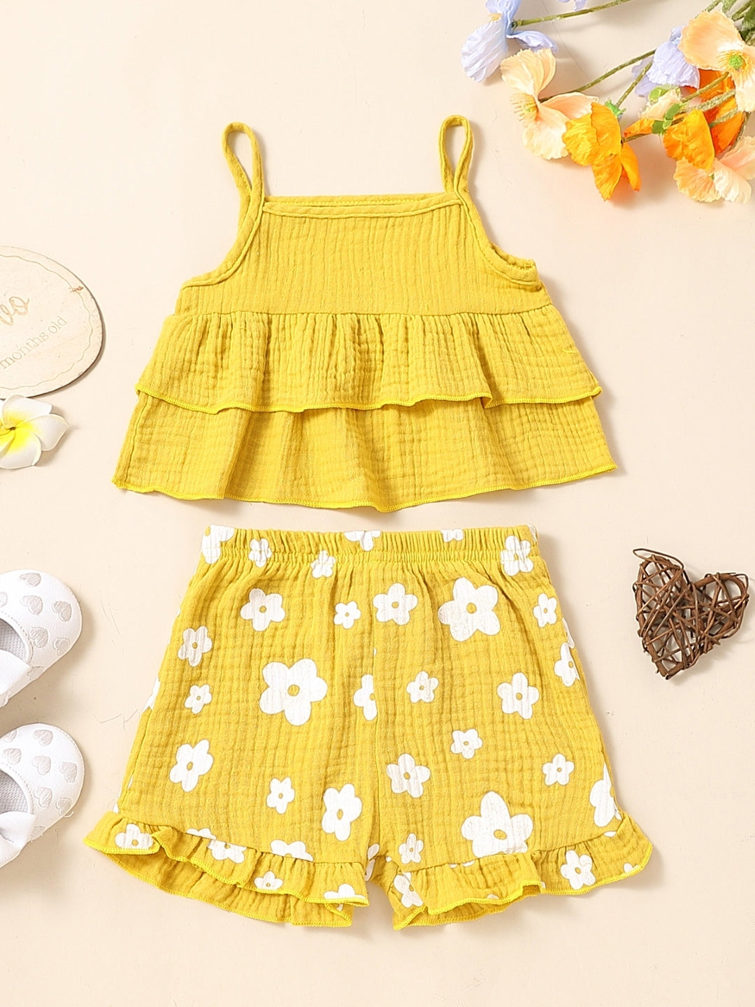 Yellow Shoulder Straps Sleeveless Pure Cotton Top & Shorts Set