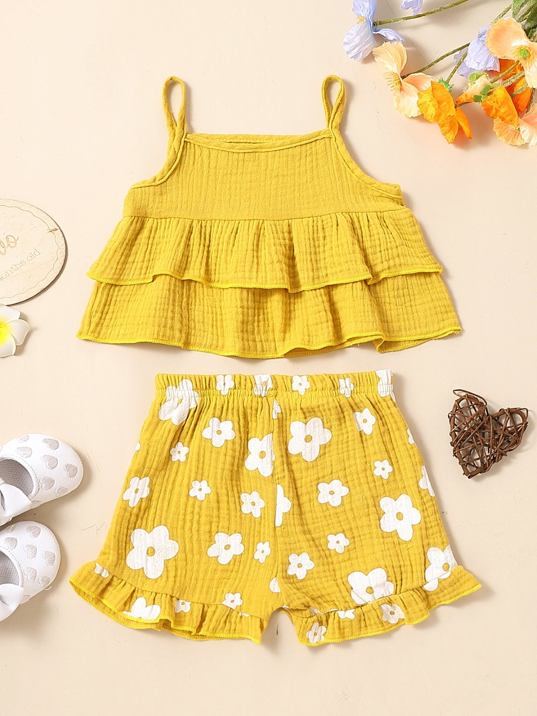 Yellow Shoulder Straps Sleeveless Pure Cotton Top & Shorts Set