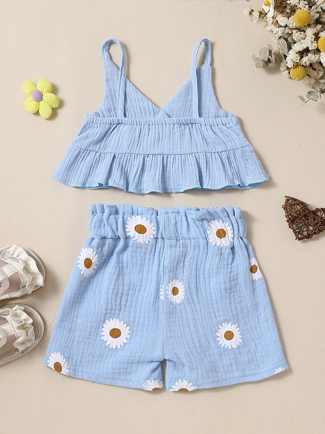 Blue Shoulder Straps Sleeveless Pure Cotton Top & Shorts Set