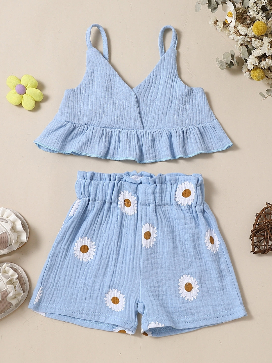 Blue Shoulder Straps Sleeveless Pure Cotton Top & Shorts Set