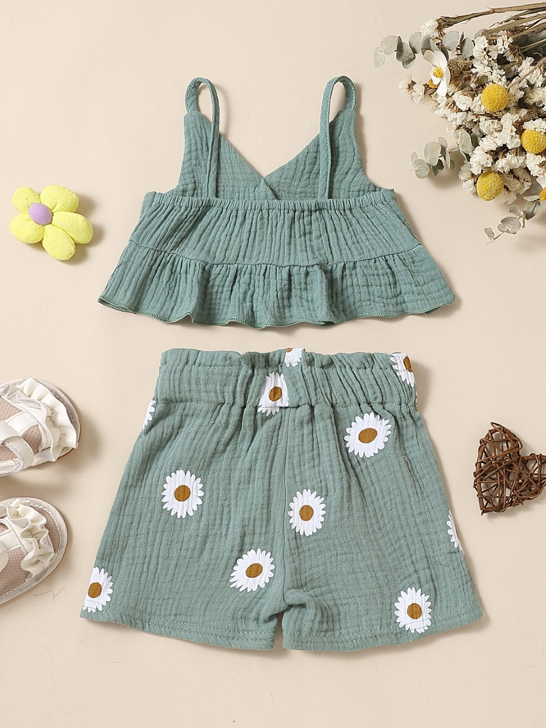 Green Shoulder Straps Sleeveless Pure Cotton Top & Shorts Set