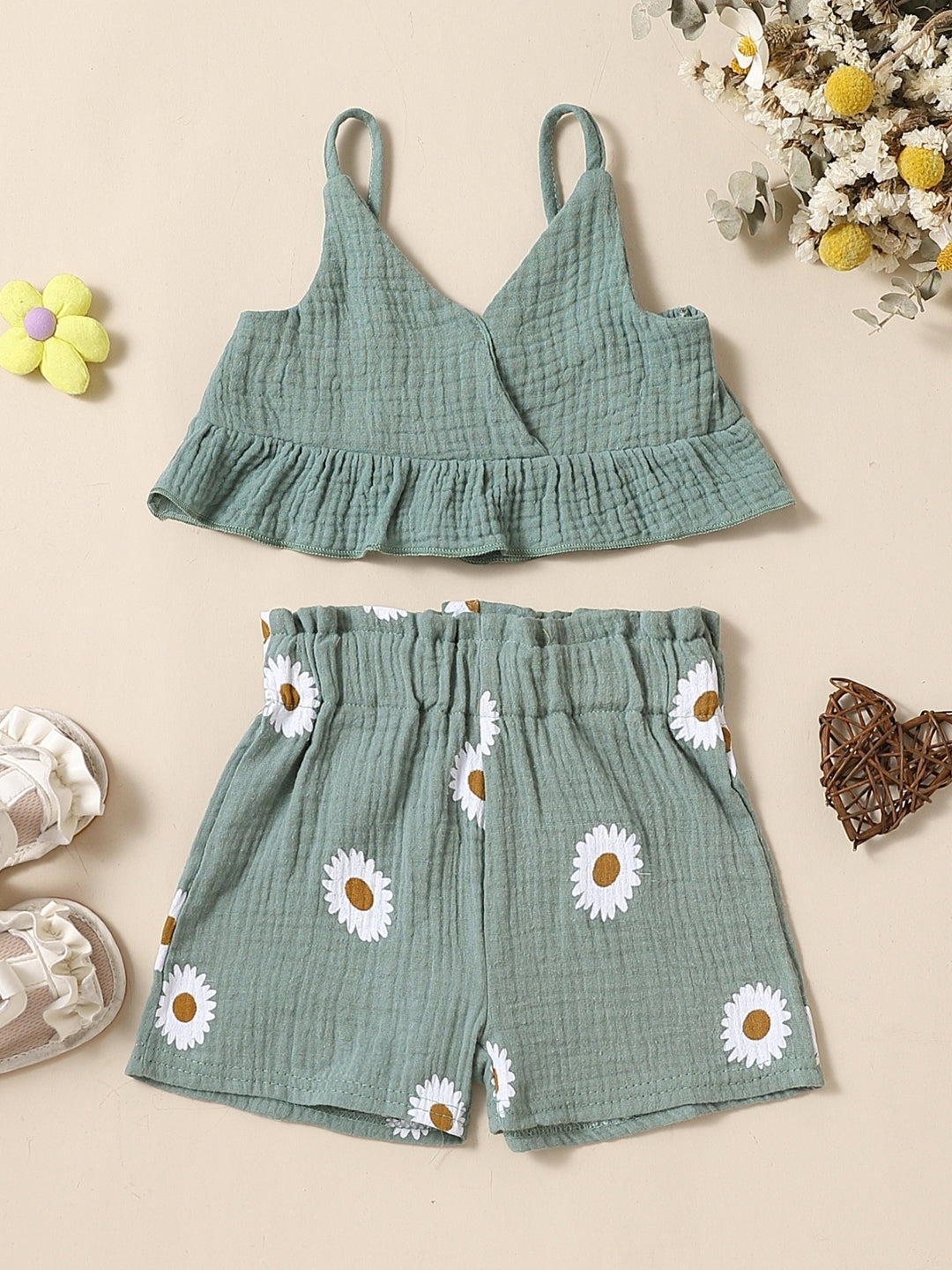 Green Shoulder Straps Sleeveless Pure Cotton Top & Shorts Set