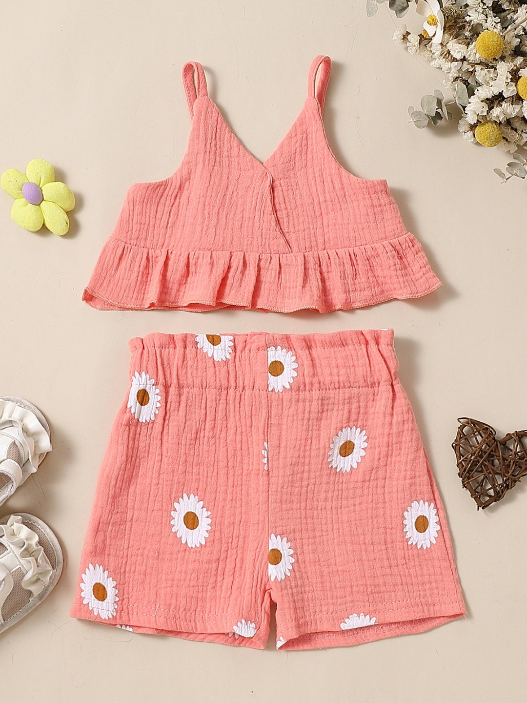 Pink Shoulder Straps Sleeveless Pure Cotton Top & Shorts Set