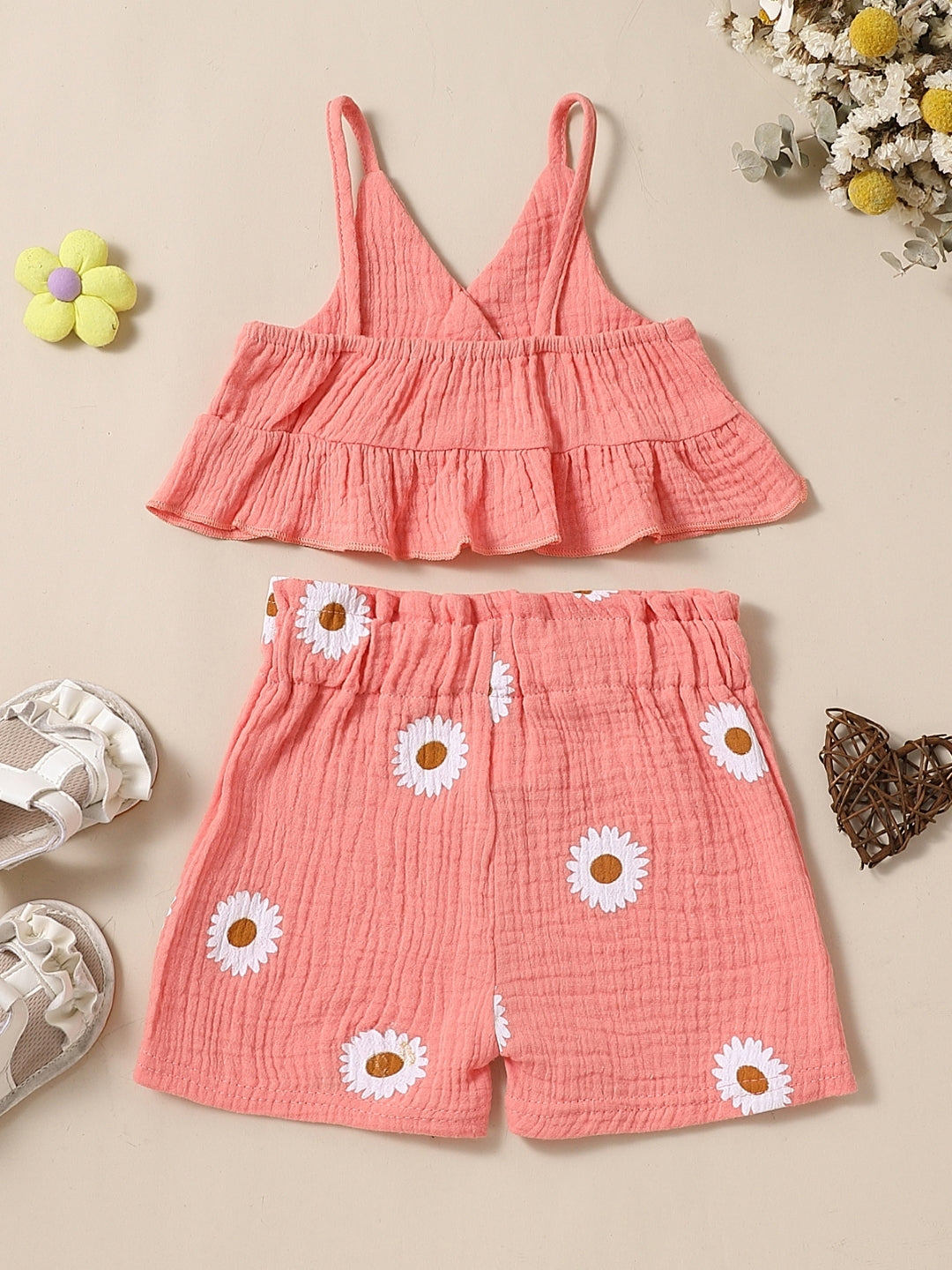 Pink Shoulder Straps Sleeveless Pure Cotton Top & Shorts Set