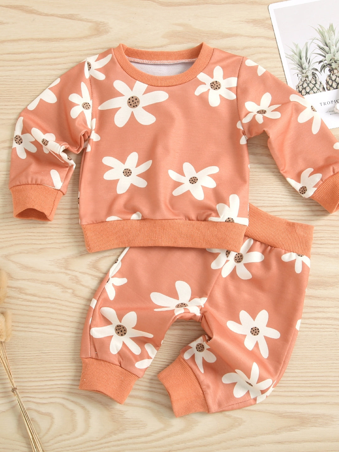 Orange Round Neck Long Sleeves Pure Cotton Top & Trousers Set