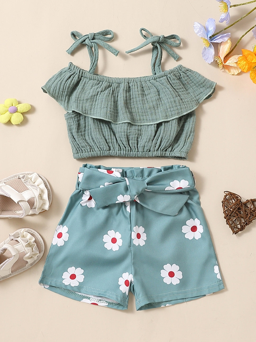 Green Shoulder Straps Sleeveless Pure Cotton Top & Shorts Set