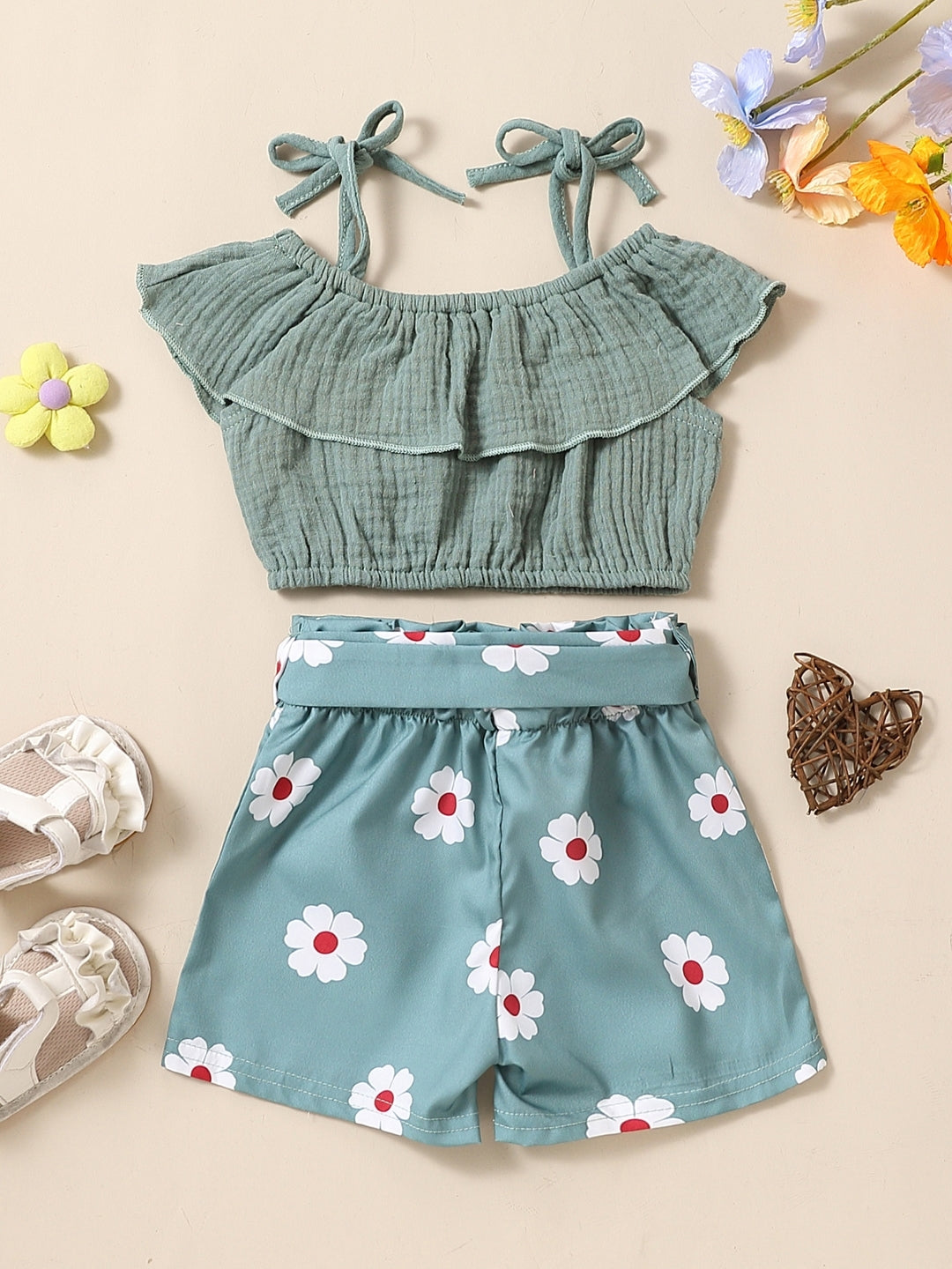 Green Shoulder Straps Sleeveless Pure Cotton Top & Shorts Set