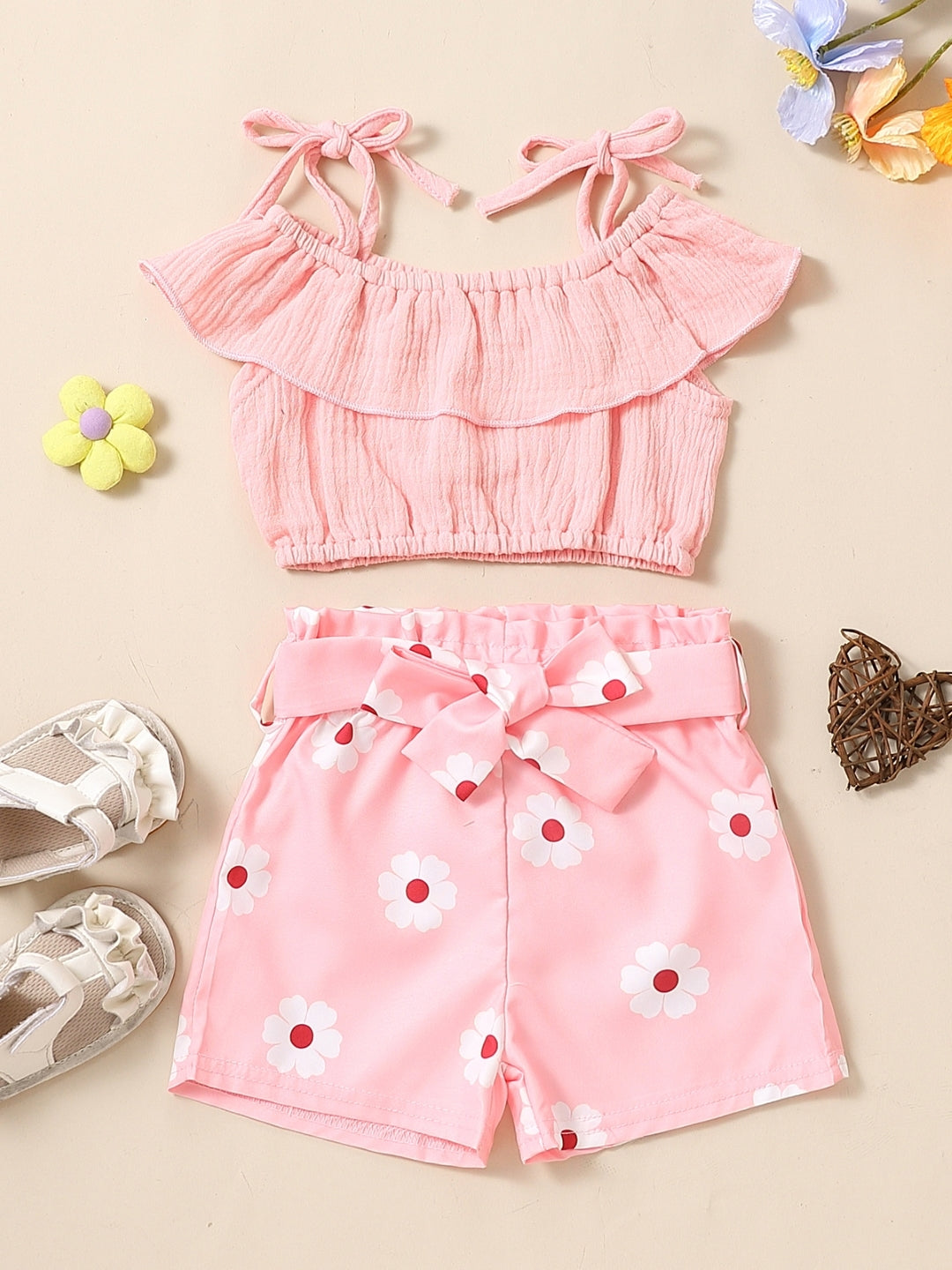 Pink Shoulder Straps Sleeveless Pure Cotton Top & Shorts Set