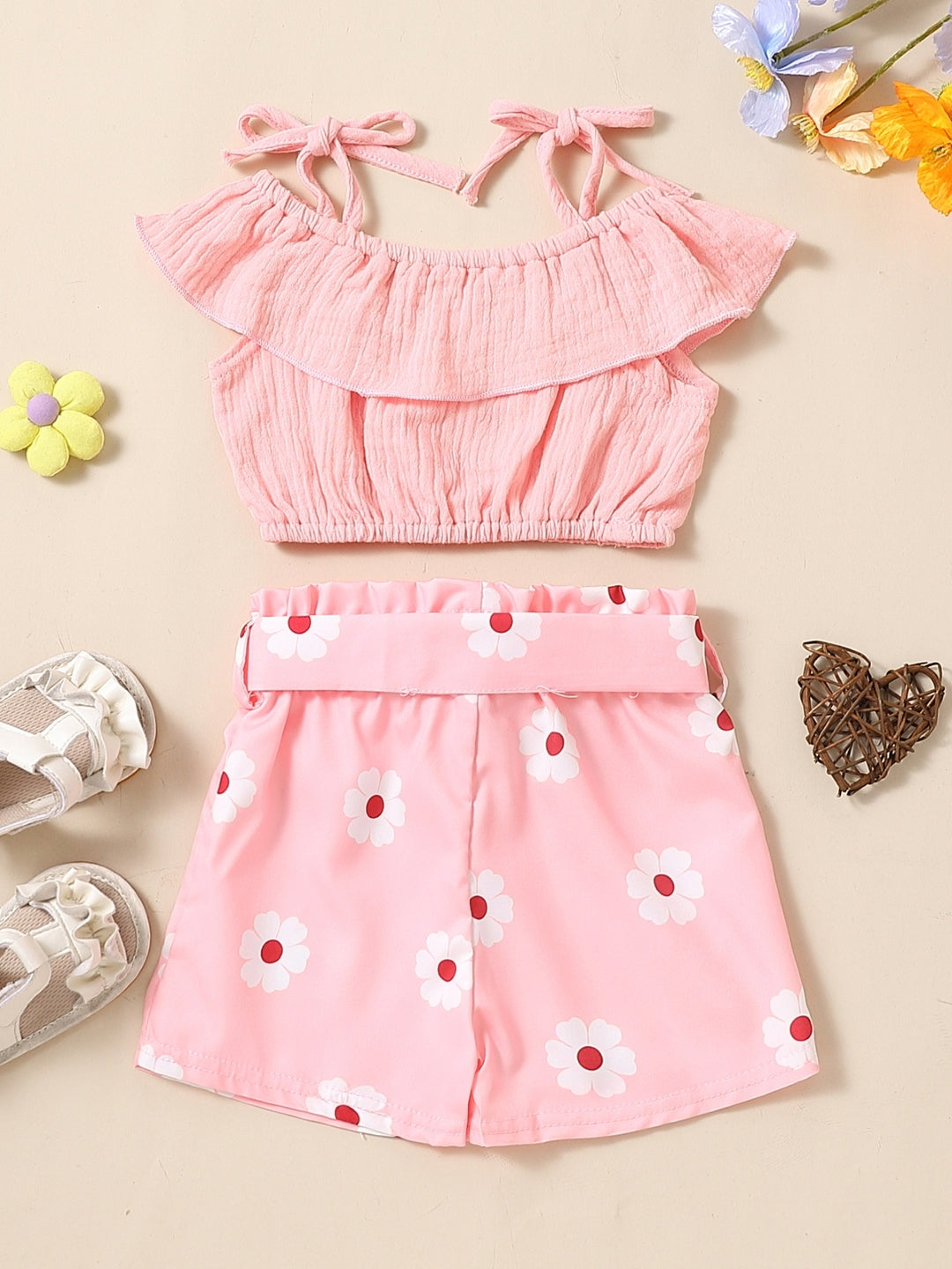 Pink Shoulder Straps Sleeveless Pure Cotton Top & Shorts Set