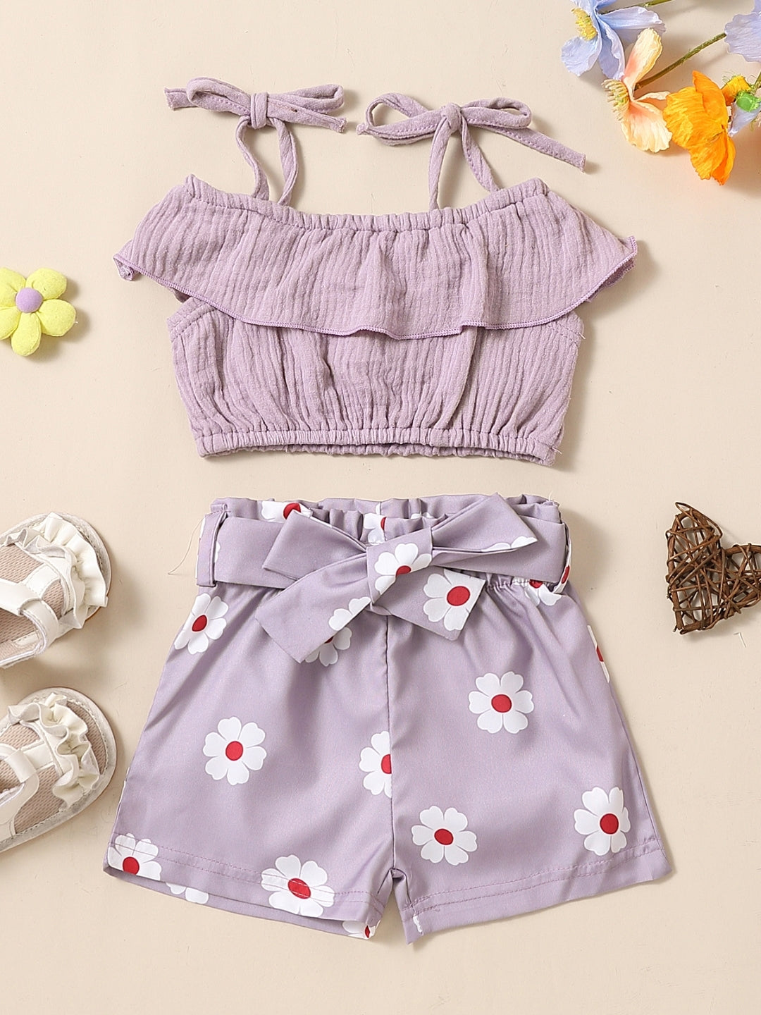 Purple Shoulder Straps Sleeveless Pure Cotton Top & Shorts Set