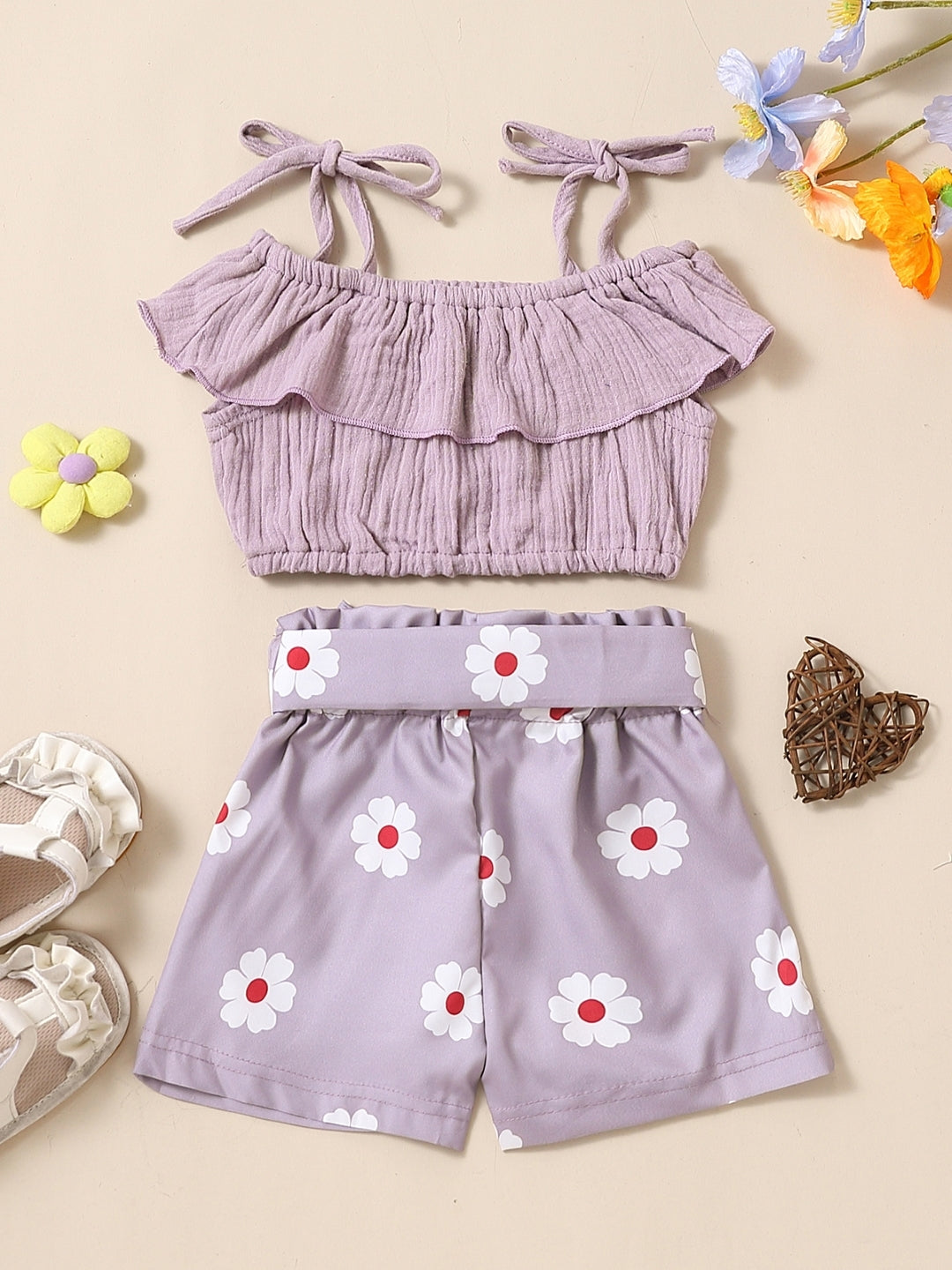 Purple Shoulder Straps Sleeveless Pure Cotton Top & Shorts Set