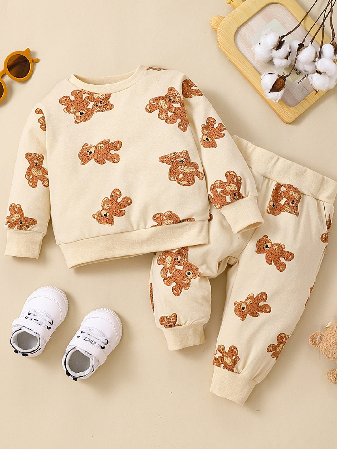 Brown Round Neck Long Sleeves Pure Cotton Top & Trousers Set