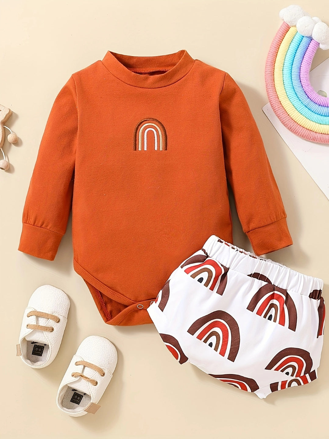 Orange Round Neck Long Sleeves Pure Cotton Top & Shorts Set