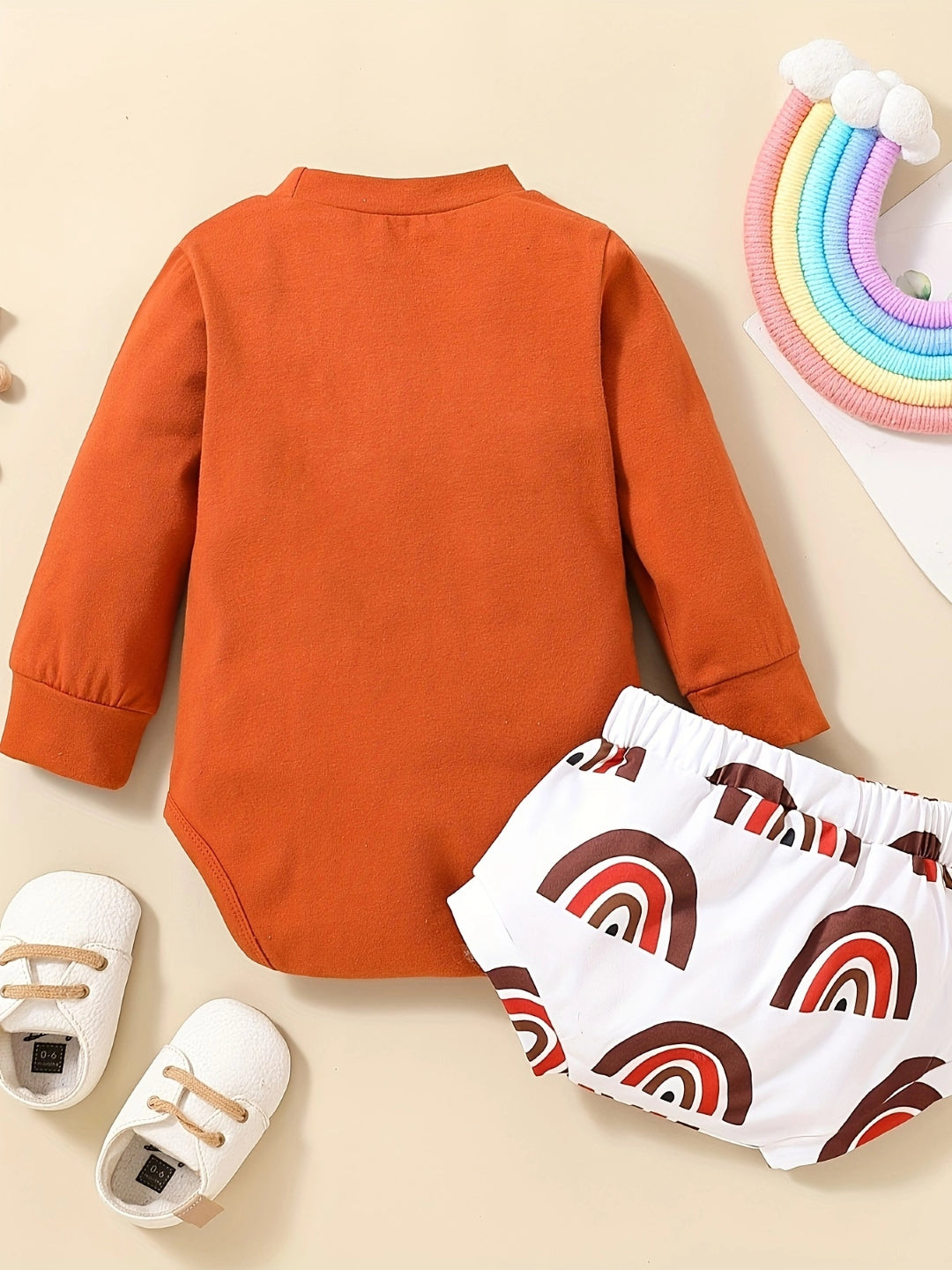 Orange Round Neck Long Sleeves Pure Cotton Top & Shorts Set