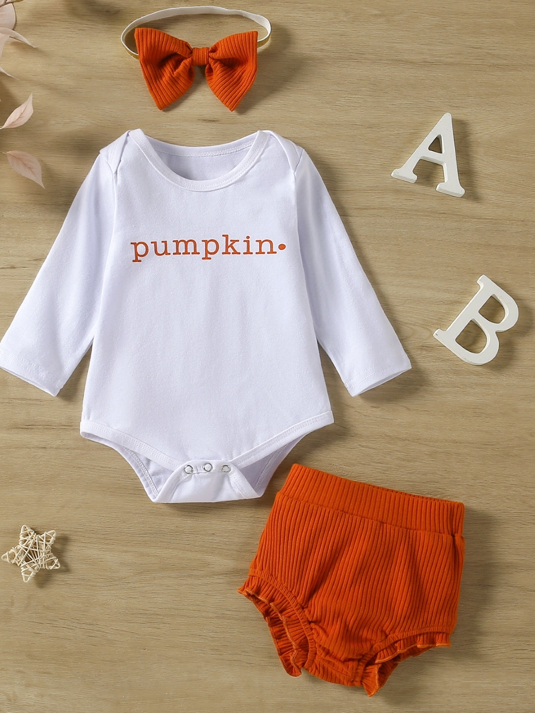 Orange Round Neck Long Sleeves Pure Cotton Top & Shorts Set