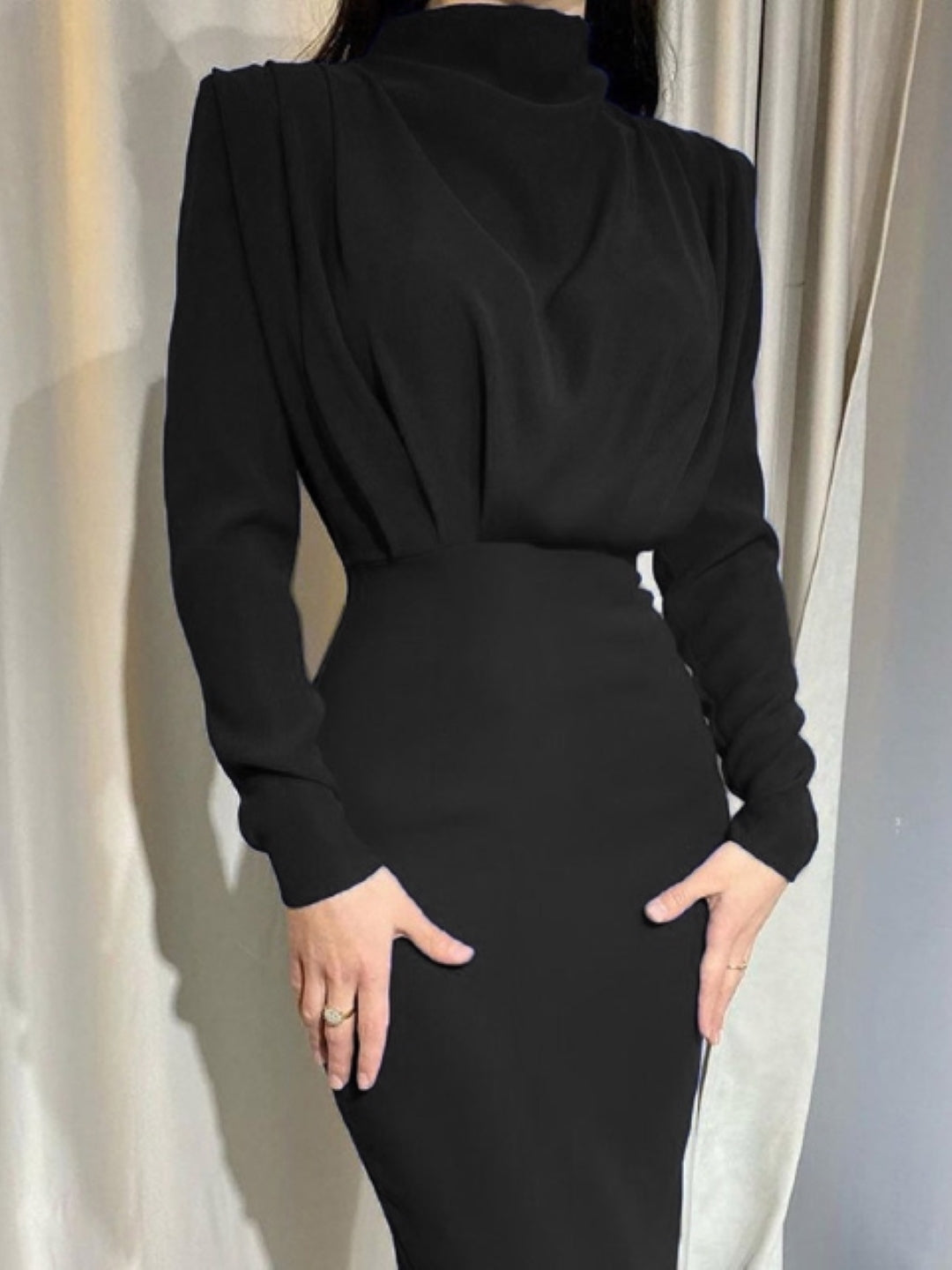 Black High Neck Solid Long Sleeves Bodycon Polyester Maxi Dress