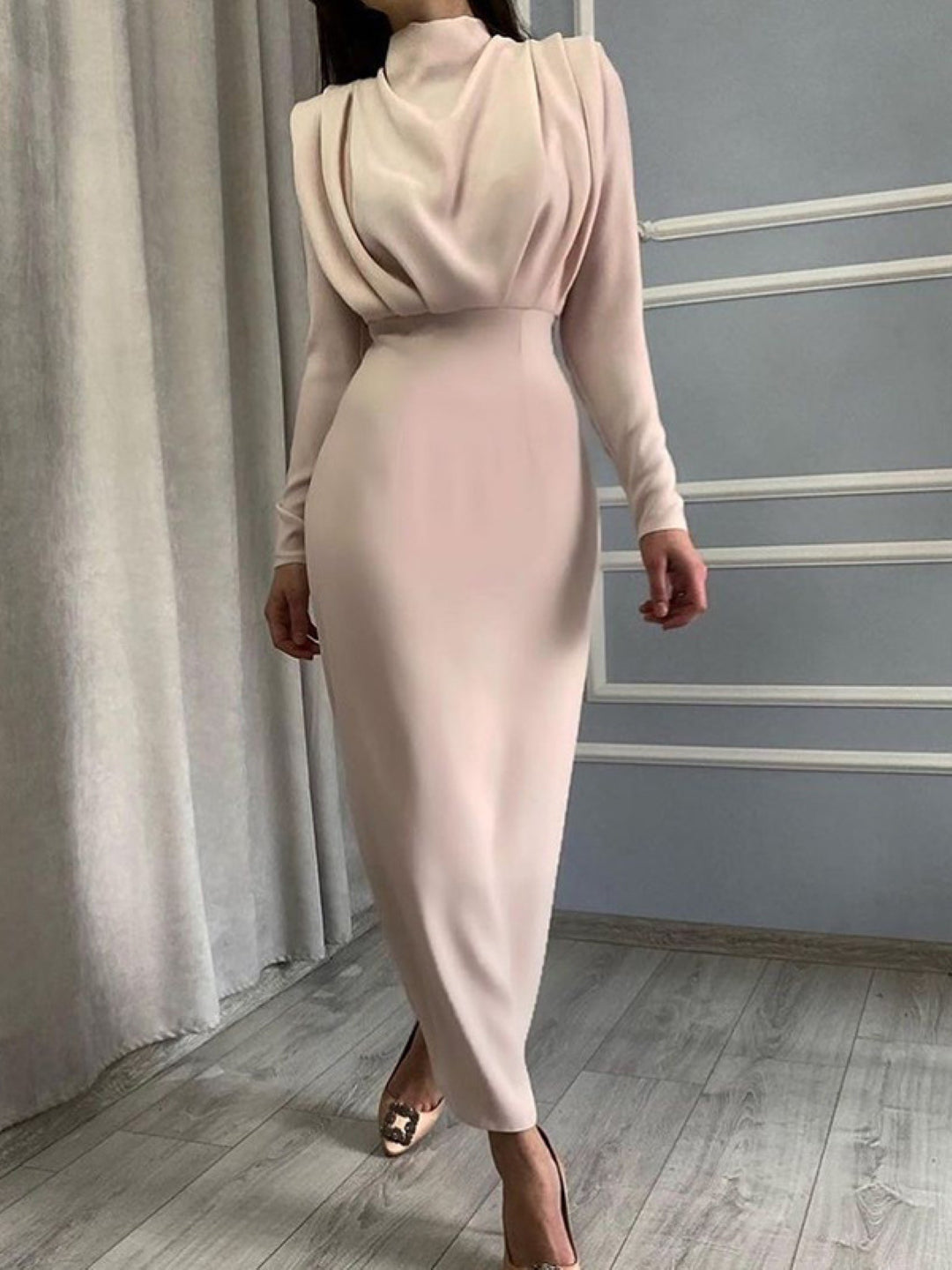 Brown High Neck Solid Long Sleeves Bodycon Polyester Maxi Dress