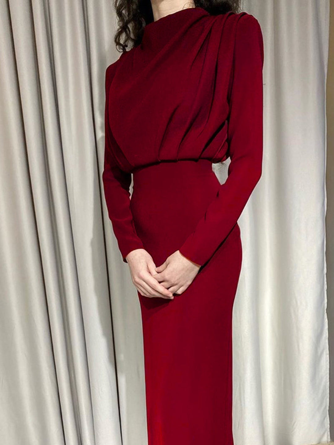 Red High Neck Solid Long Sleeves Bodycon Polyester Maxi Dress