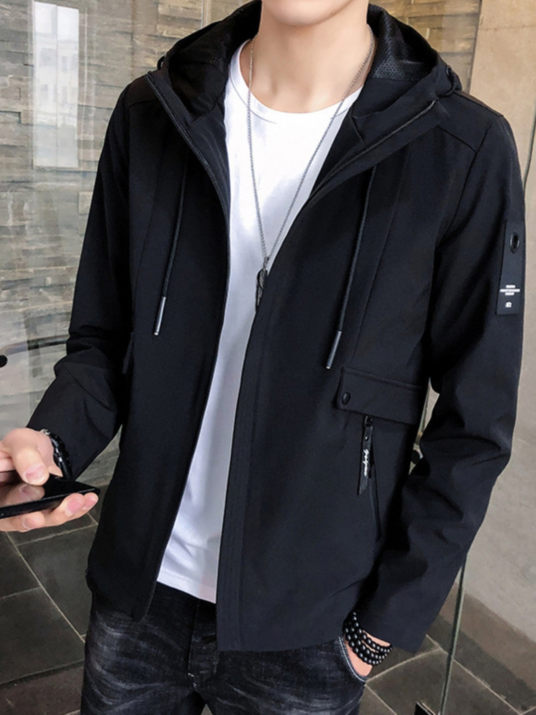 Black Hooded Long Sleeves Solid Polyester Open Front Jacket