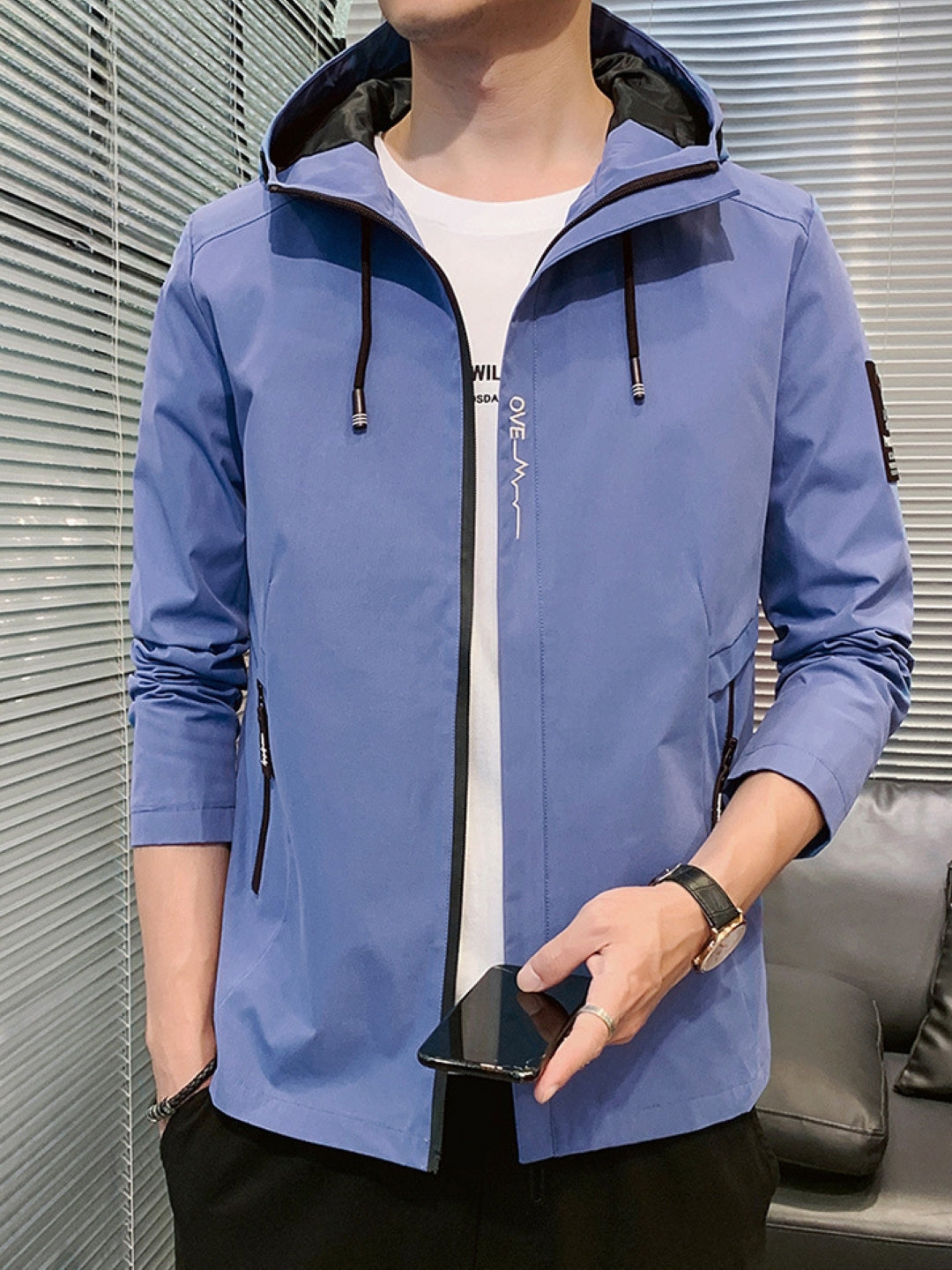 Blue Hooded Long Sleeves Solid Polyester Open Front Jacket