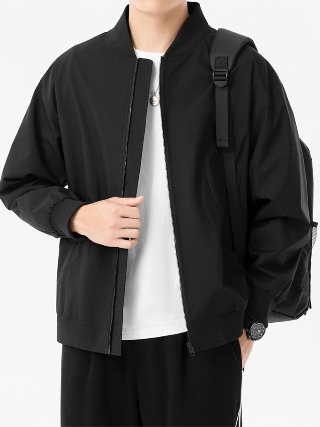 Black Stand Collar Long Sleeves Solid Polyester Open Front Jacket