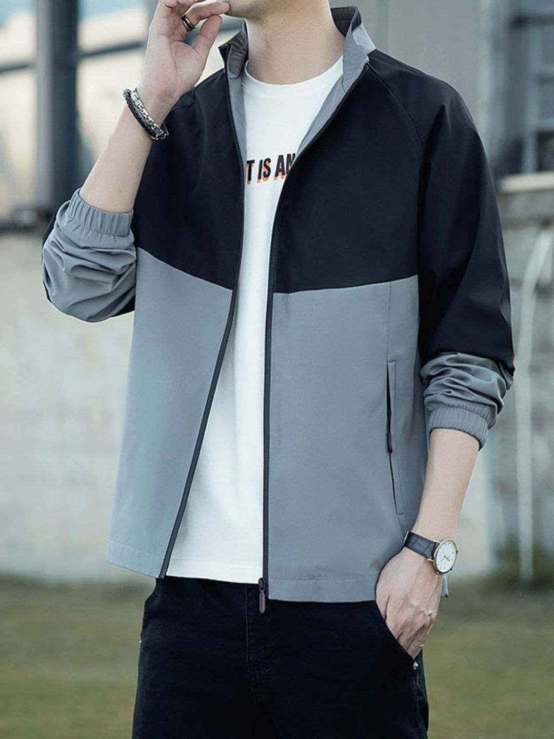 Black Mock Collar Long Sleeves Colourblocked Polyester Open Front Jacket