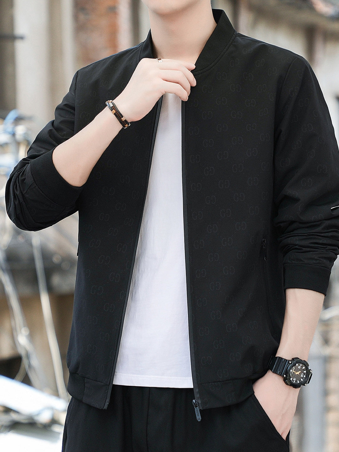 Black Stand Collar Long Sleeves Printed Polyester Open Front Jacket