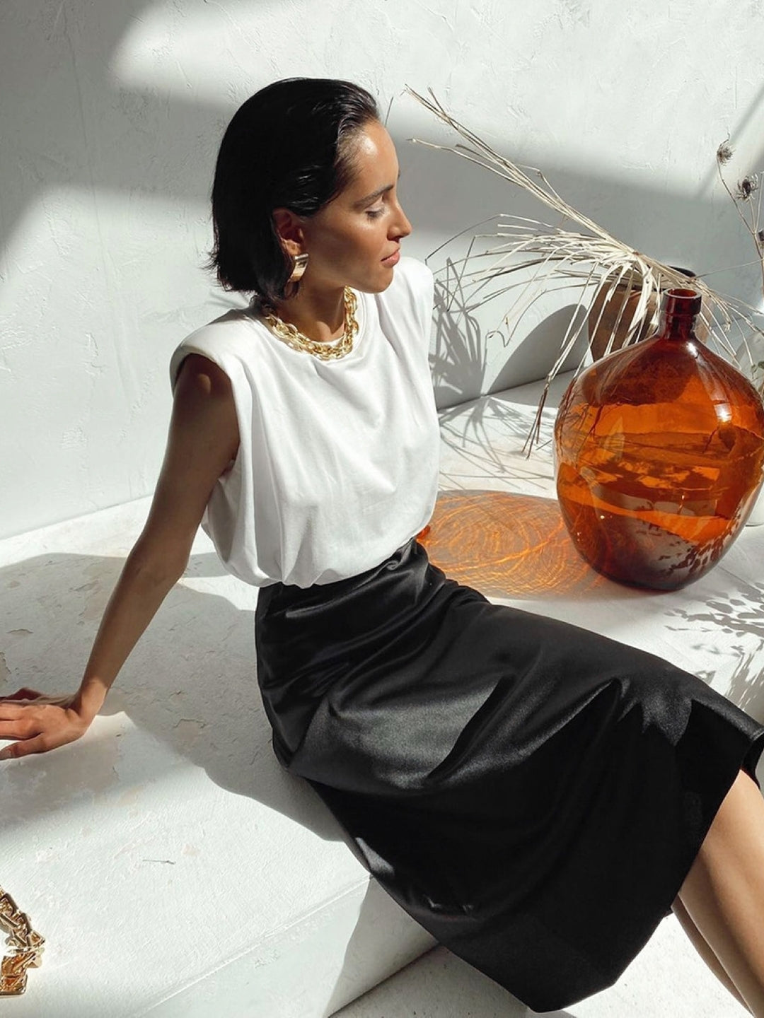 Black Solid Straight Polyester Skirt