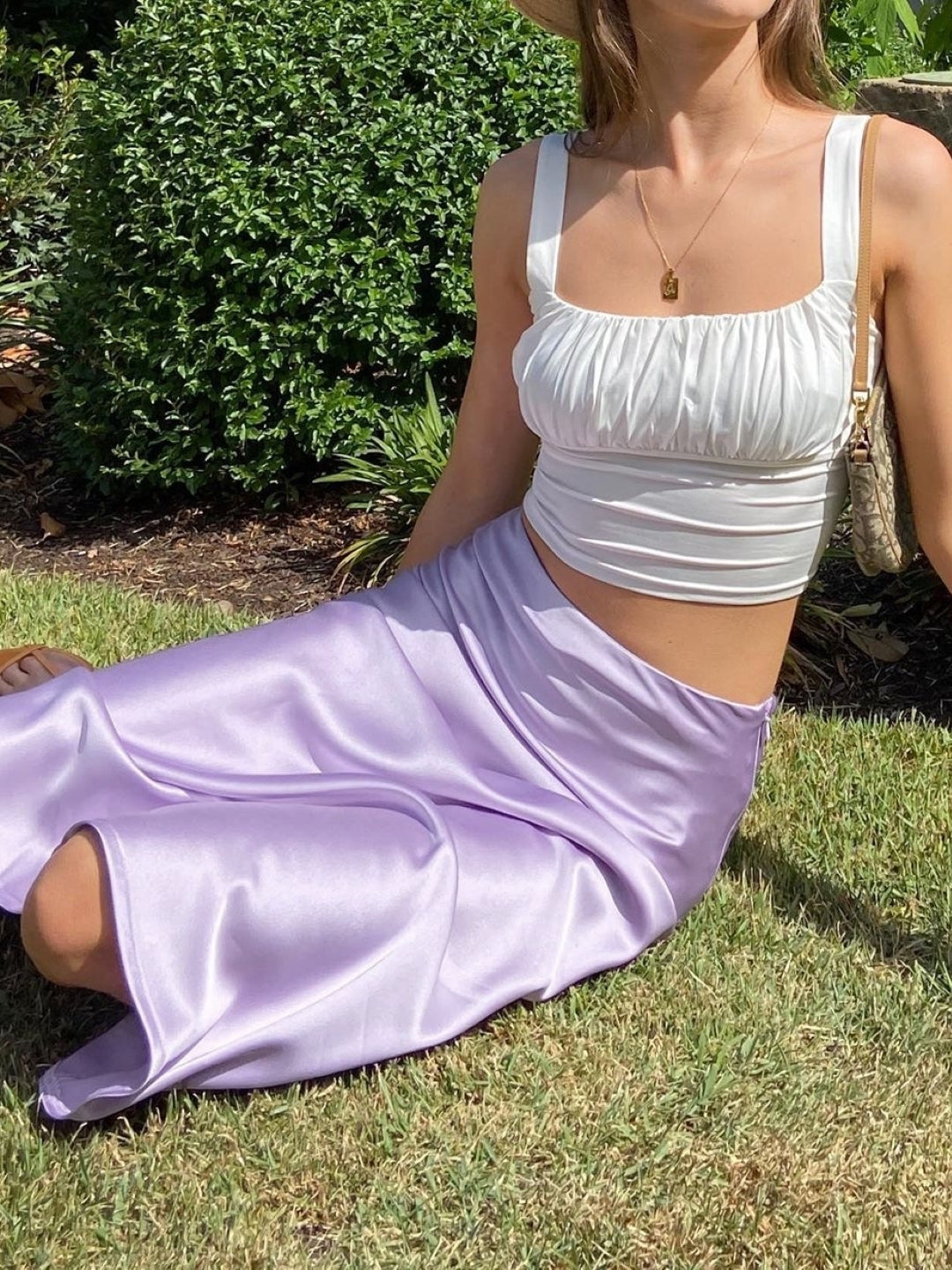 Purple Solid Midi Polyester Skirt
