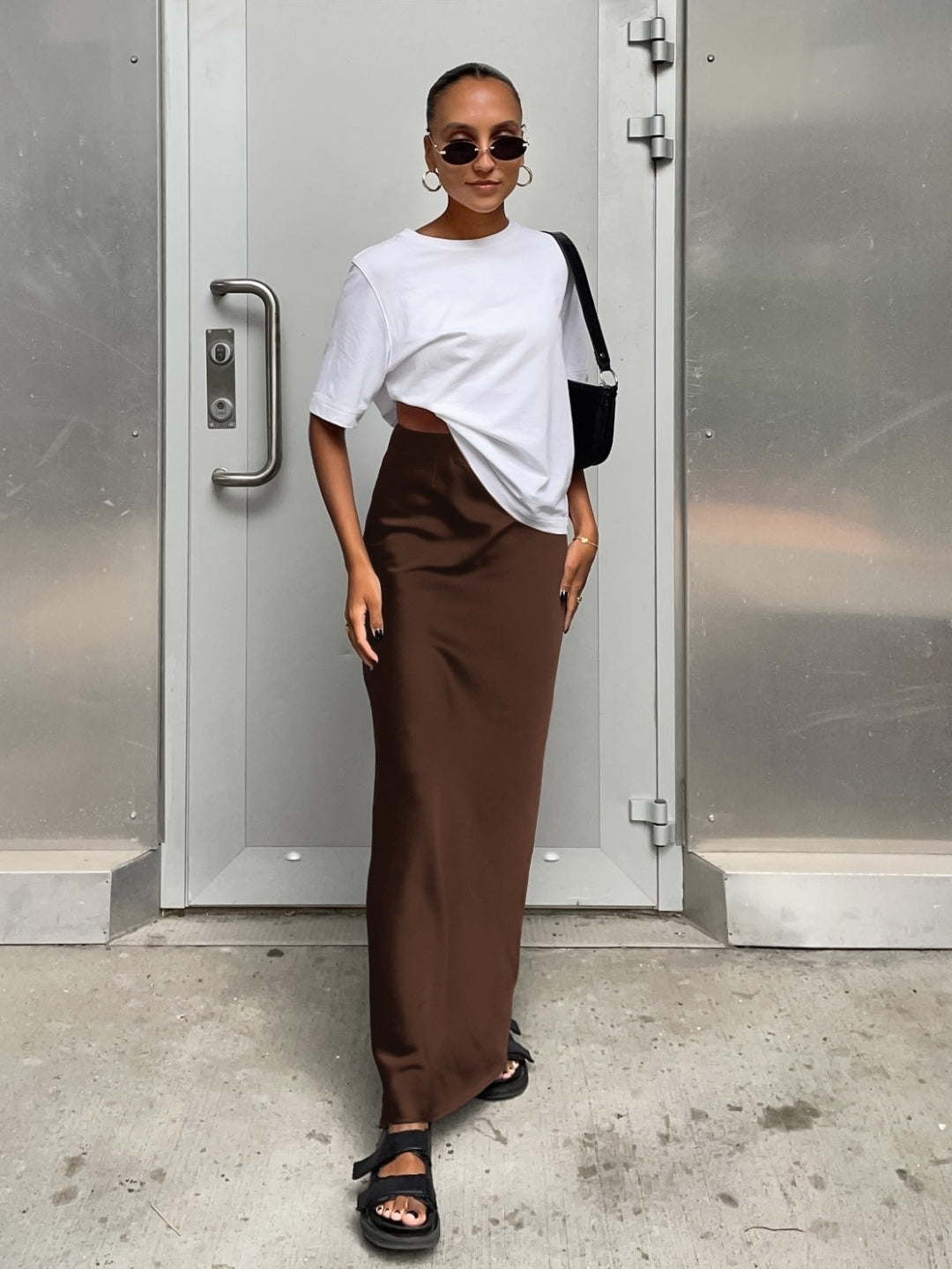 Brown Solid Maxi Polyester Skirt
