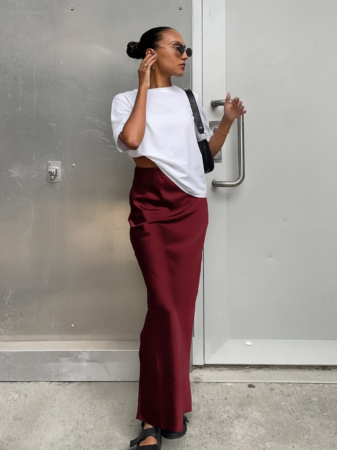 Burgundy Solid Maxi Polyester Skirt