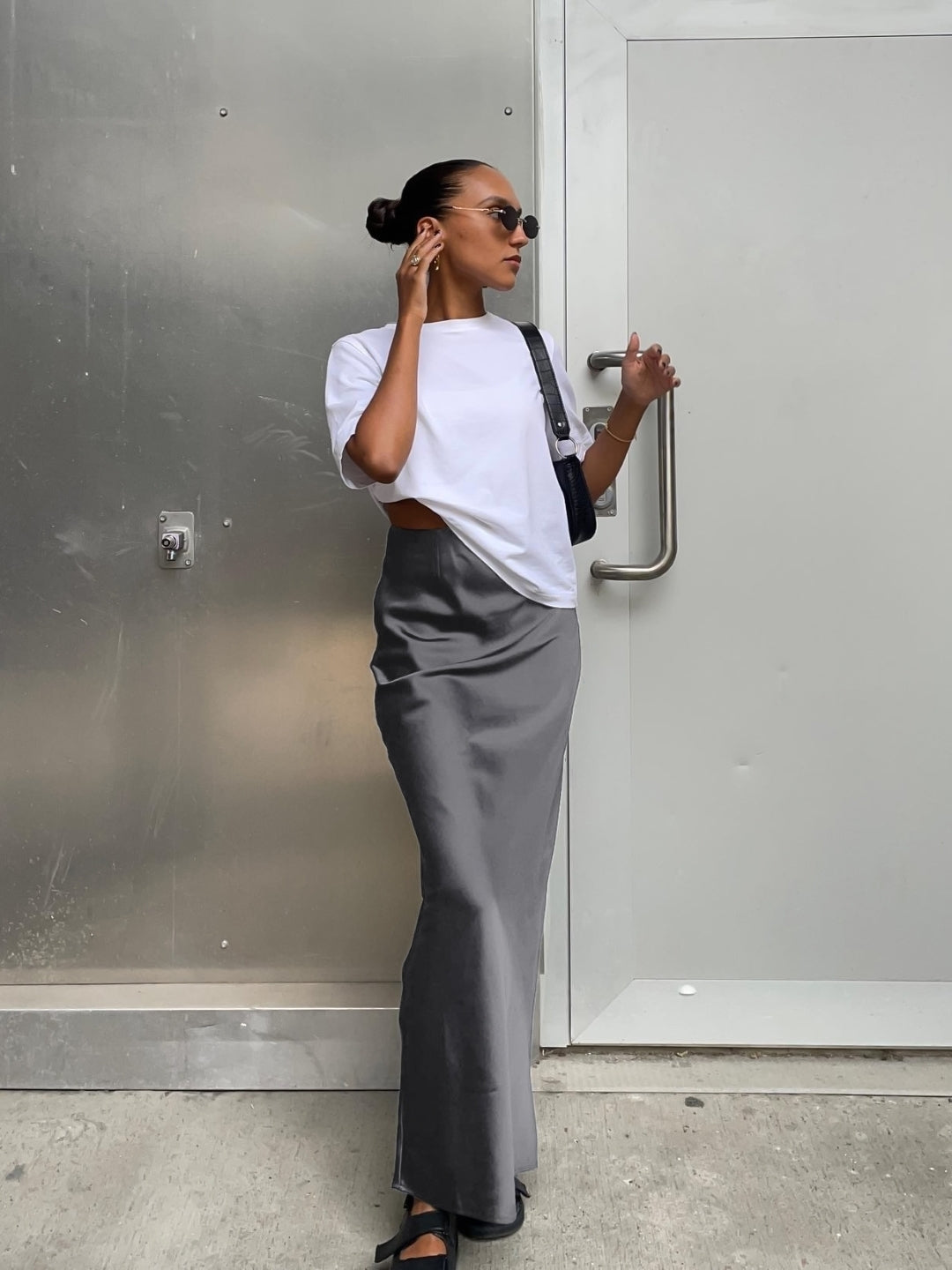 Grey Solid Maxi Polyester Skirt