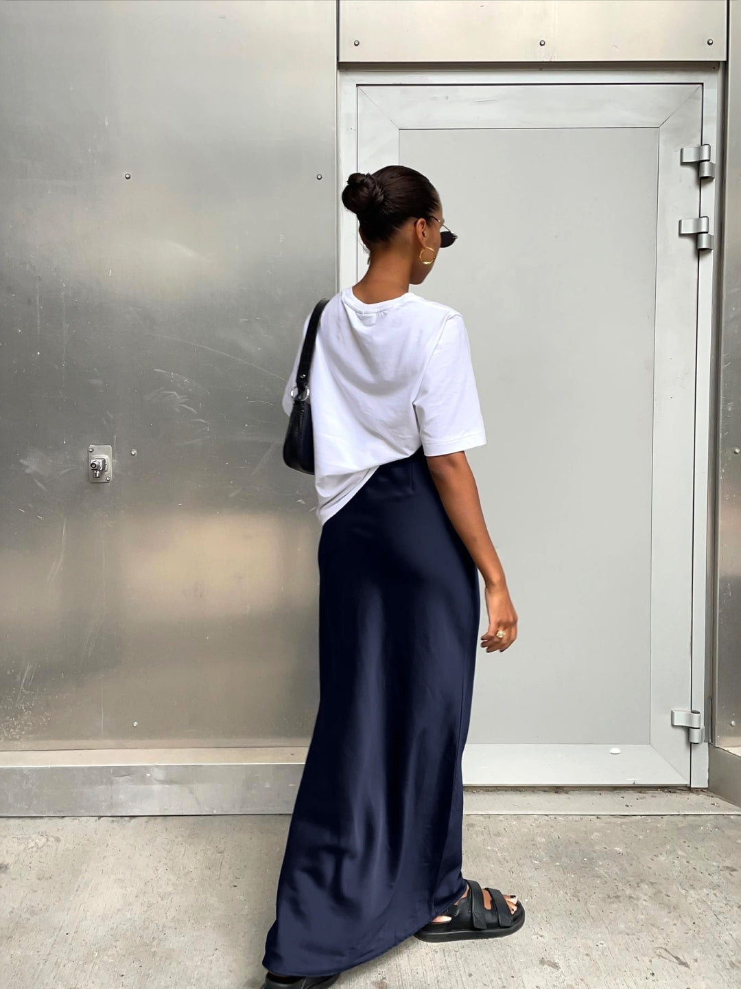 Navy Blue Solid Maxi Polyester Skirt