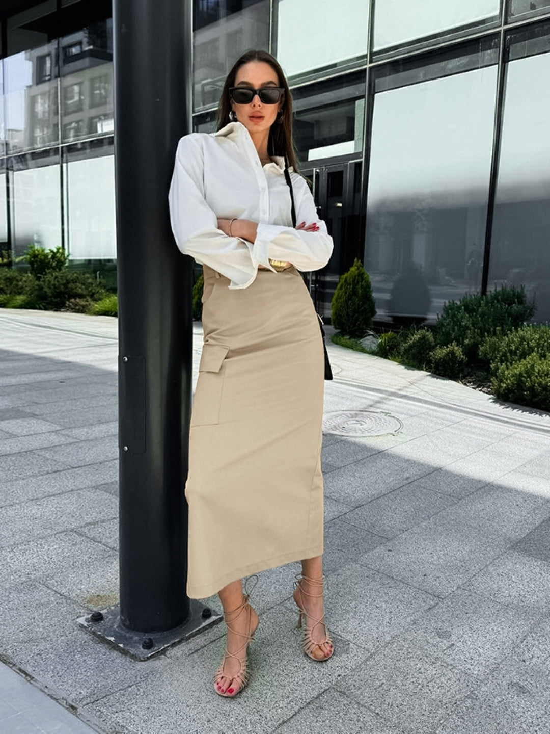 Khaki Solid Midi Cotton Blend Skirt