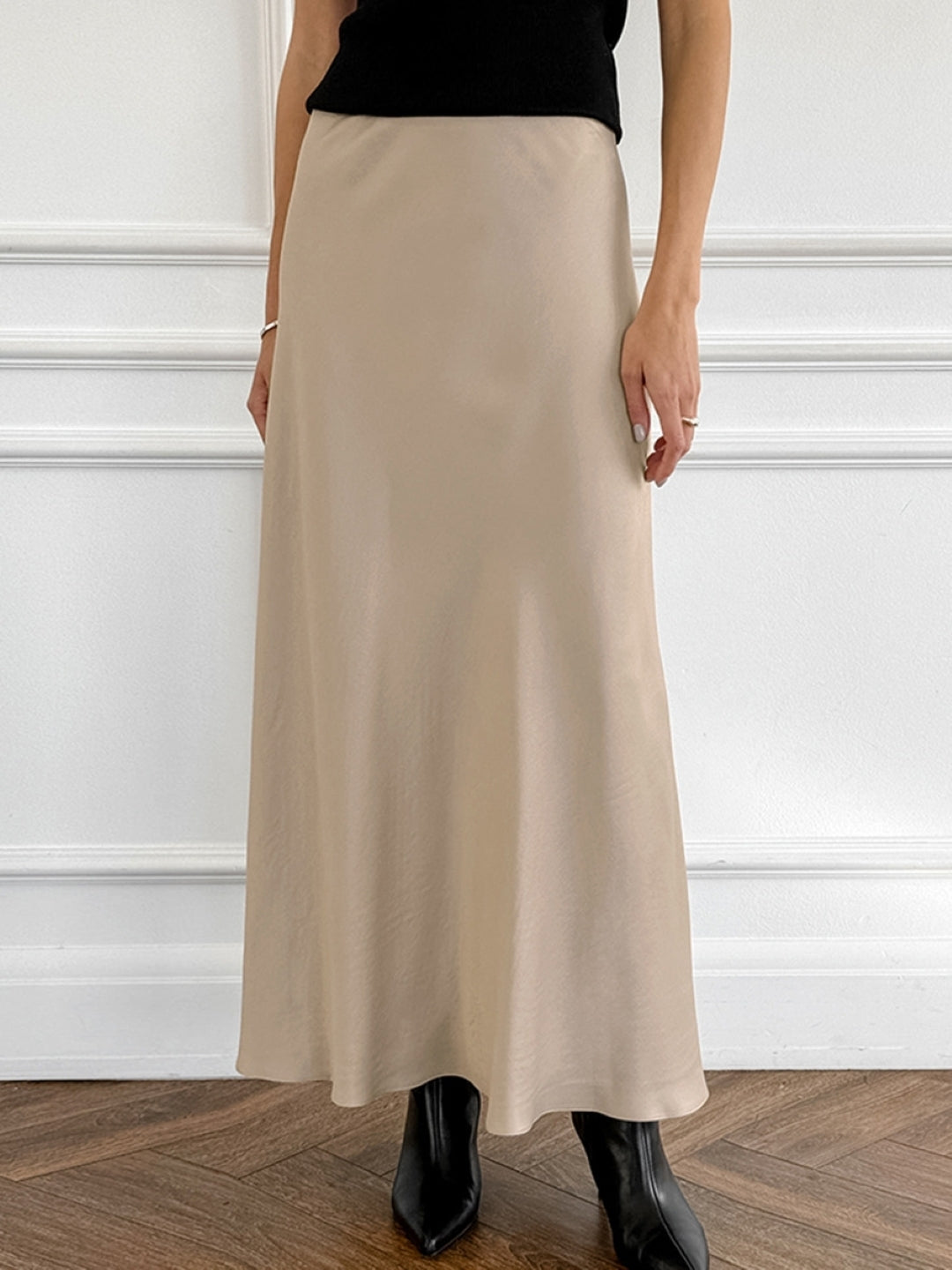 Khaki Solid Maxi Polyester Skirt